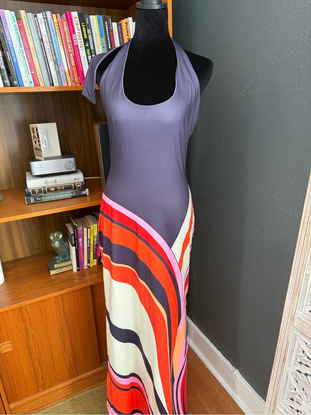 Halter Maxi Dress in Purple with Bold Multicolor Wave Print